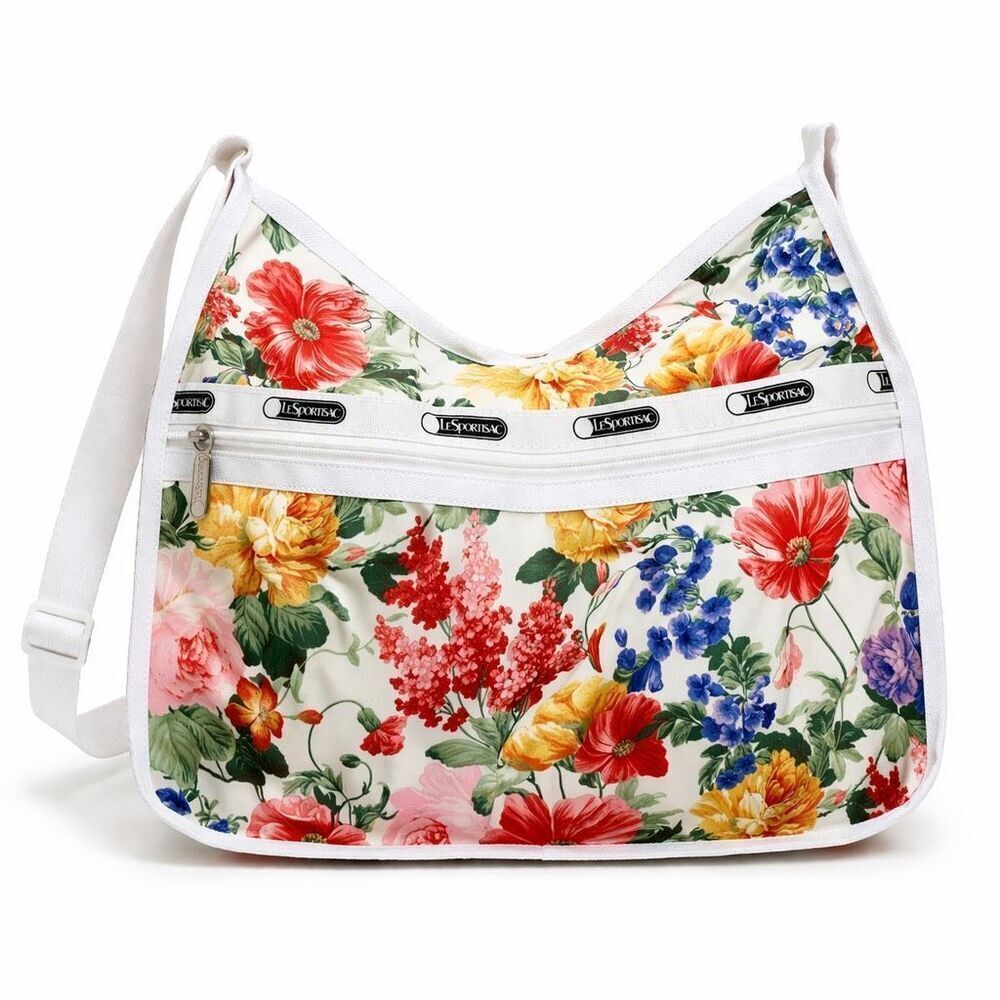 LeSportsac Floral Nylon Shoulder Bag White Botanical Multi Zip Pockets Travel
